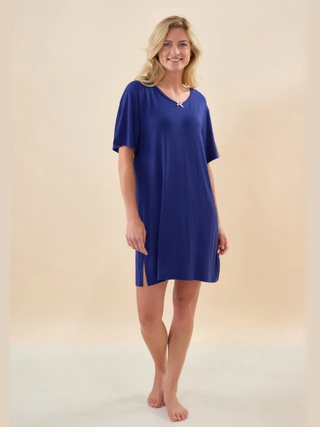 Little Label beau dames nachthemd bamboe - blauw- extra zacht en duurzaam