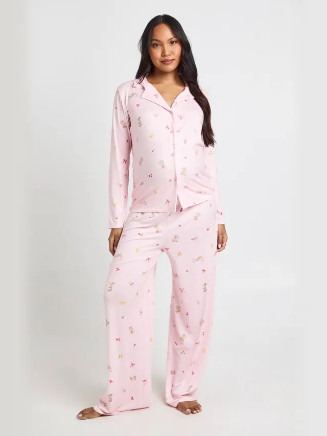 boohoo Dames Zwangerschaps Pyjama Set Met Konijntjes En Strikjes Print - Shirt Met Lange Mouwen & Broek Roze