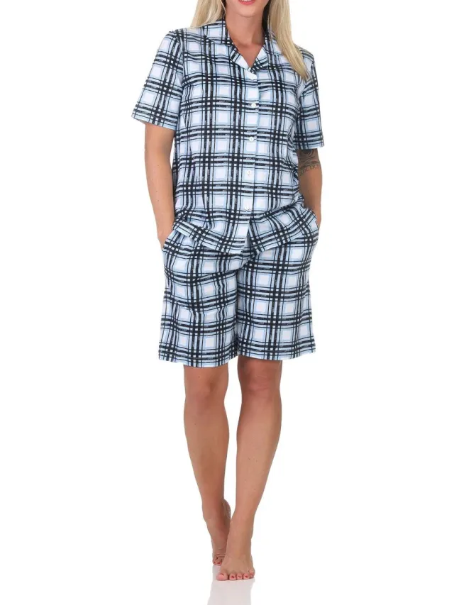 Normann dames pyjama shorty met korte mouwen en doorknoop in ruitlook - ook in grote maten hellblau