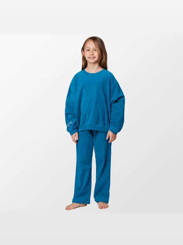 Woody , Pyjama - Groenblauw Velours - 8 jaar groen blauw
