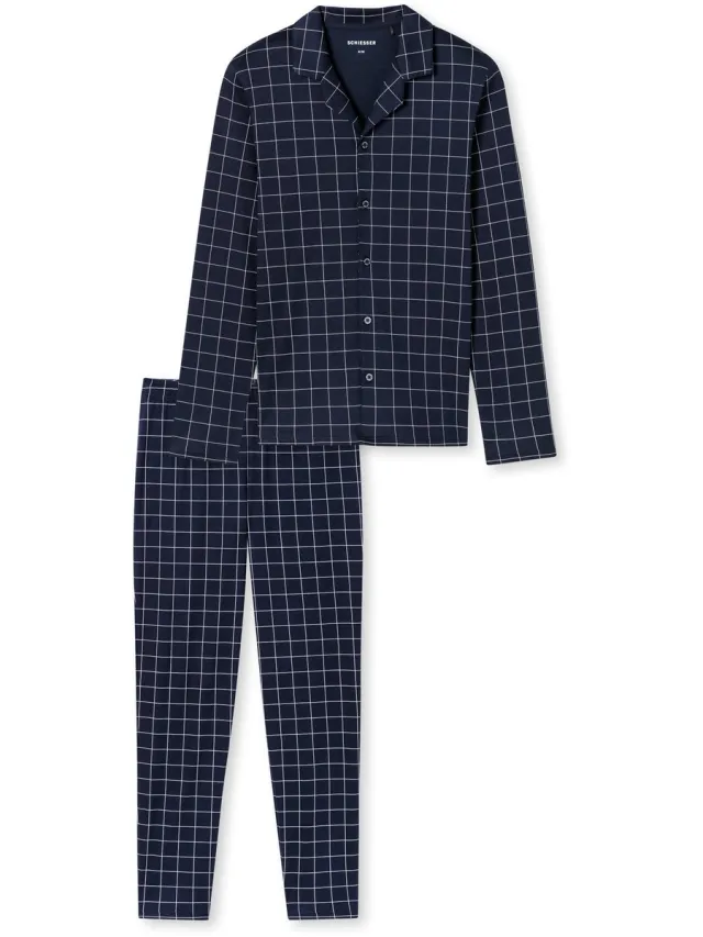 Schiesser heren pyjama lang - doorknoop- NOS - 58 - Blauw