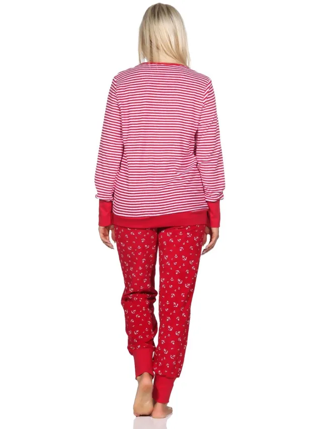 Normann damespyjama van lange badstof met manchetten in maritieme look - ook in oversize rot1