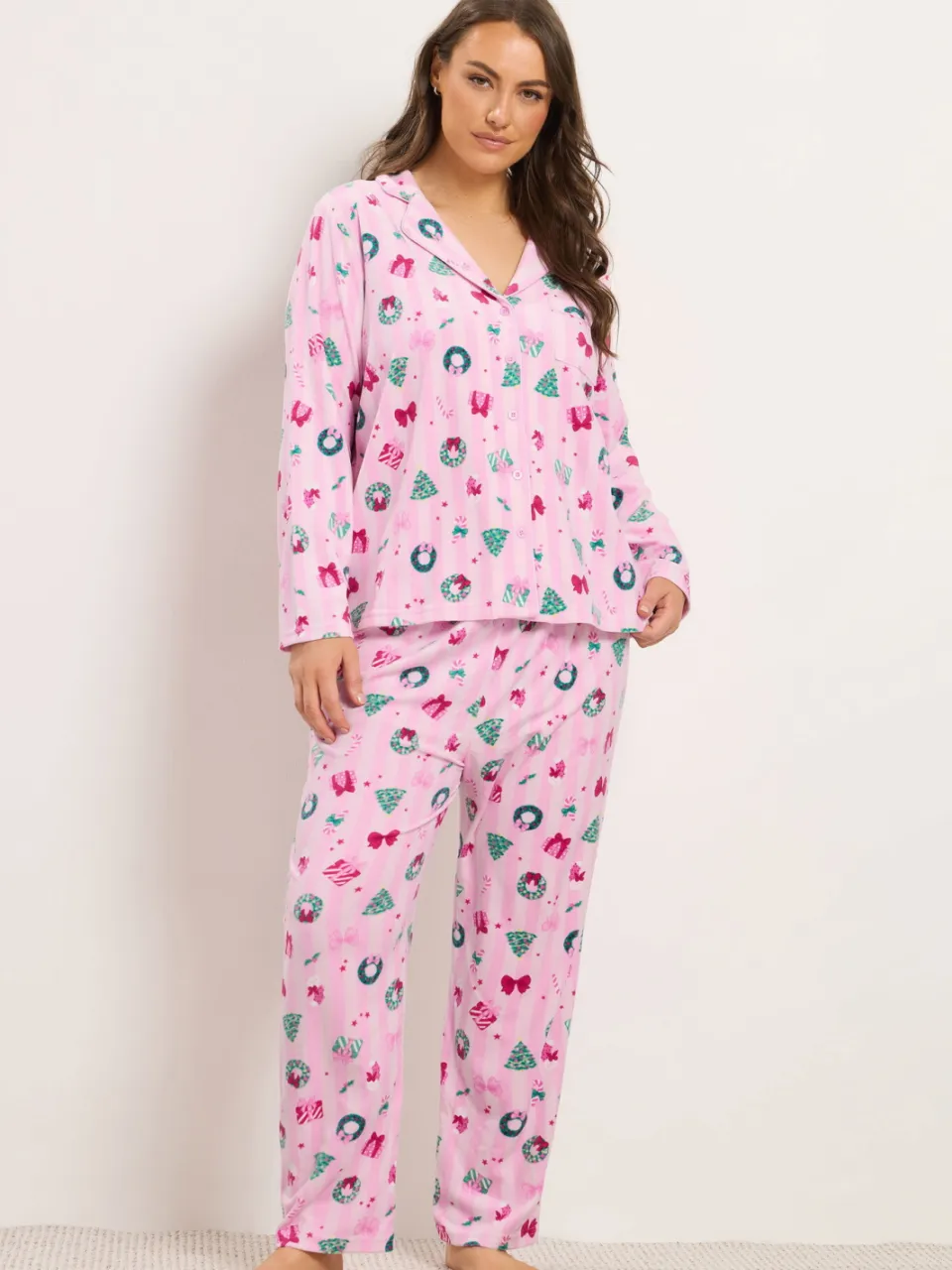 Yours Roze Gestreepte Lichtgewicht Fleece Pyjamaset Met Kerstprint-44 Pink
