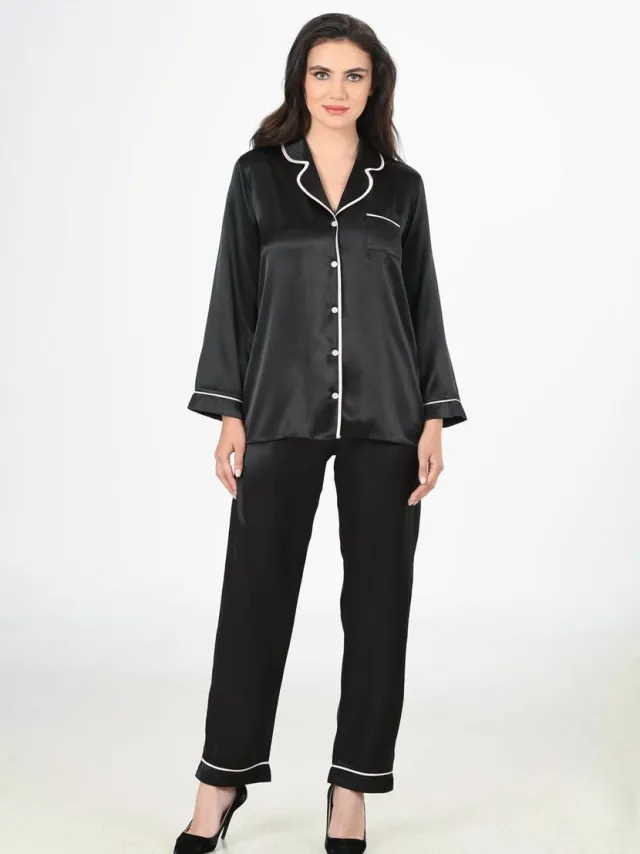 Vienetta Dames Pyjama Set, Lange Mouwen Zwart