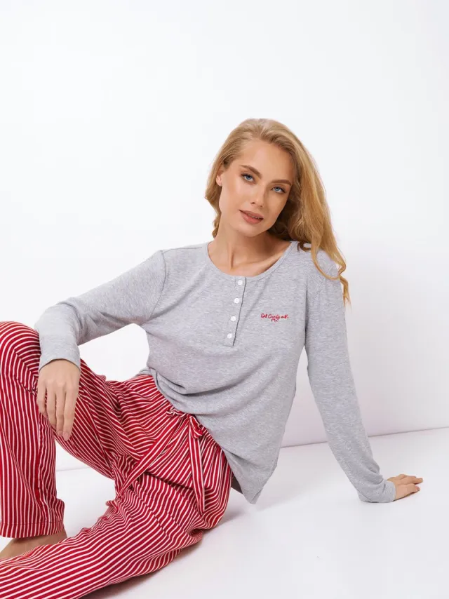 Aruelle Dames Pyjama Camy-Comfortabele Set-Zachte Top van Katoen & Viscose Broek-Relaxte Pasvorm-Rood-Grijs grijs/rood