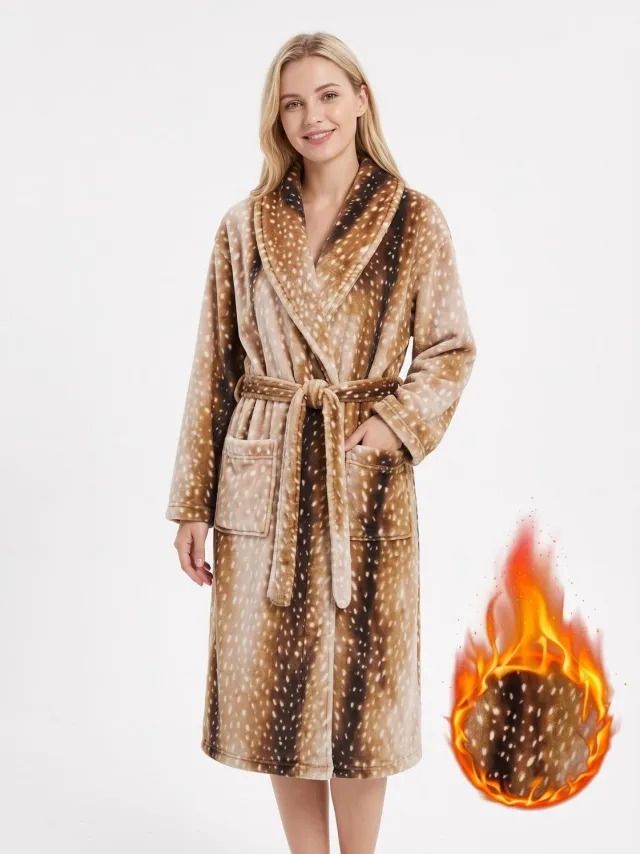 BILMU Dames badjas met bruine achtergrond en witte stippen - zachte warme flanel met sjaalkraag en tailleband - met zakken - comfortabele casual - voor thuis