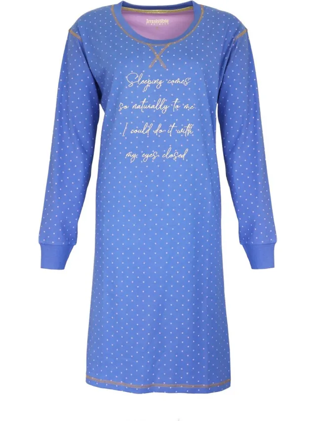 Irresistible Dames Nachthemd - Katoen - Wit Stippen - Blauw