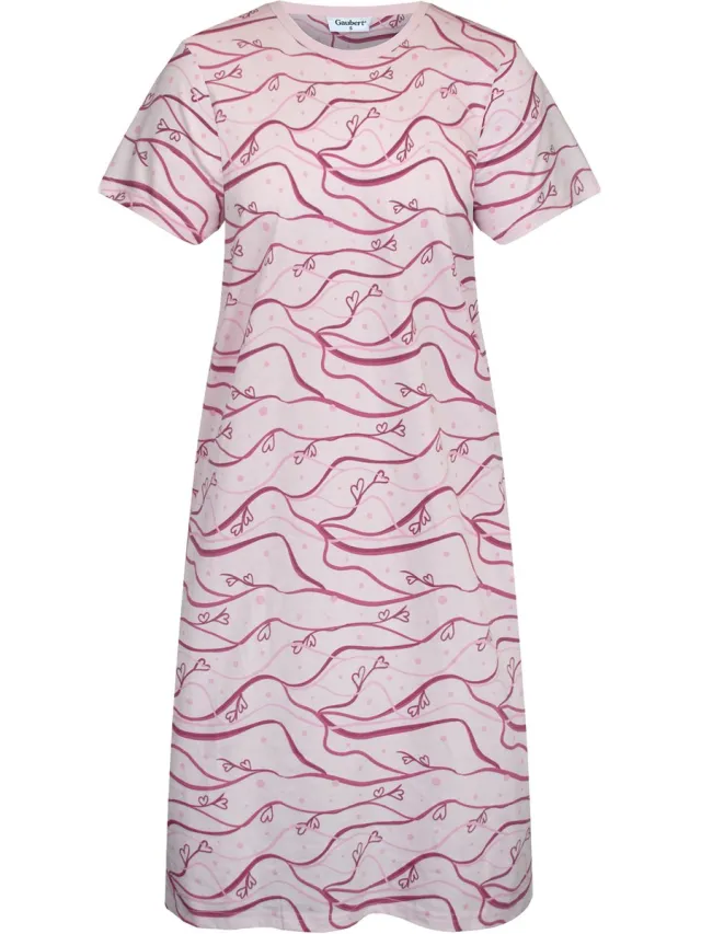 GAUBERT Essential Dames Nachthemd Korte Mouw - Premium Gekamd Katoen - Waves of Hearts - Roze - GB-6816 Korte Mouw, Roze, Waves of Hearts