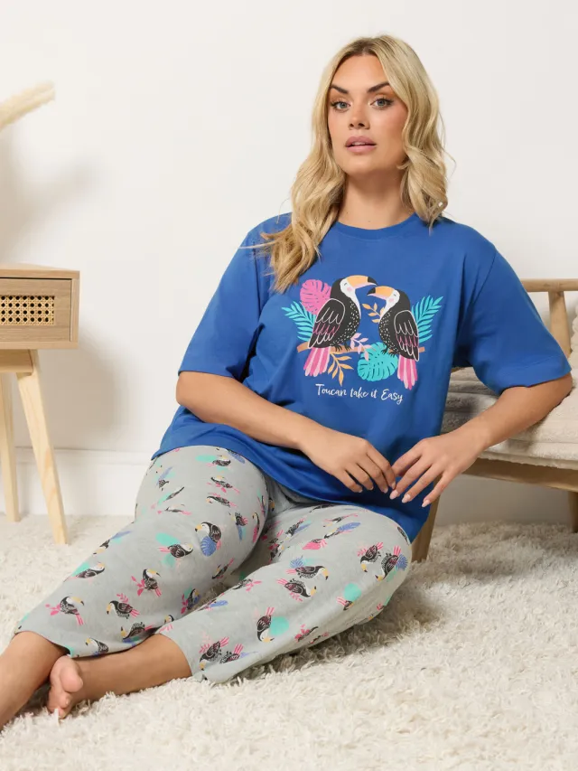 Yours Blauwe 'Toucan Take It Easy' Pyjamaset Met Wijde Pijpen-44 Blue