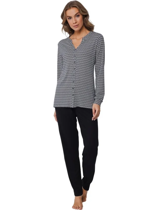 Pastunette pyjama dames doorknoop - zwart print - 25242-346-6/999