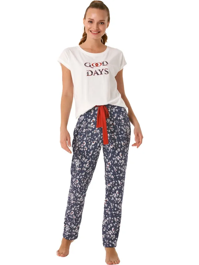 Feyza Dames Pyjama Set, Korte Mouwen Donkerblauw