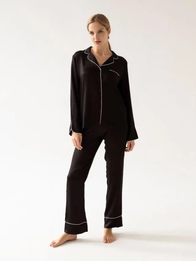 Aruelle Dames pyjama Charlotte-satijn-lange mouwen & broek-witte accenten-zwart