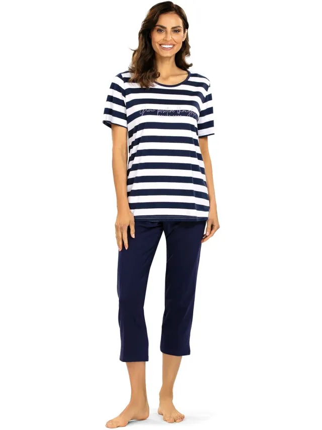 Comtessa Dames Pyjama - Katoen - Zomer - 7/8 broek - Donkerblauw Gestreept Donkerblauw, Gestreept