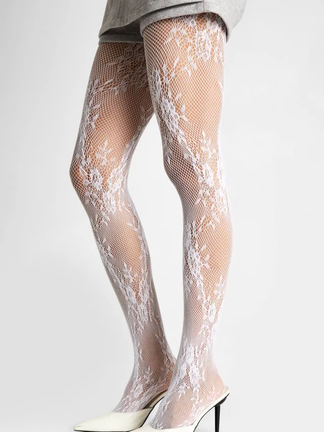 boohoo Dames Witte bloemige kant visnetpanty's