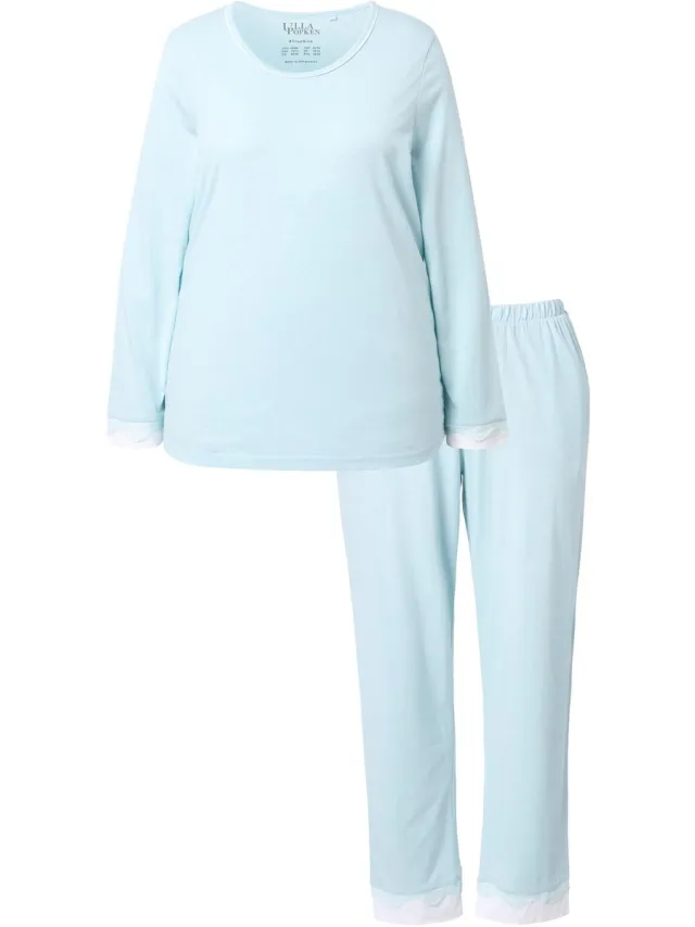 Ulla Popken Dames - Pyjama kant ronde hals lange mouwen - Ijszeeblauw - Maat 50+