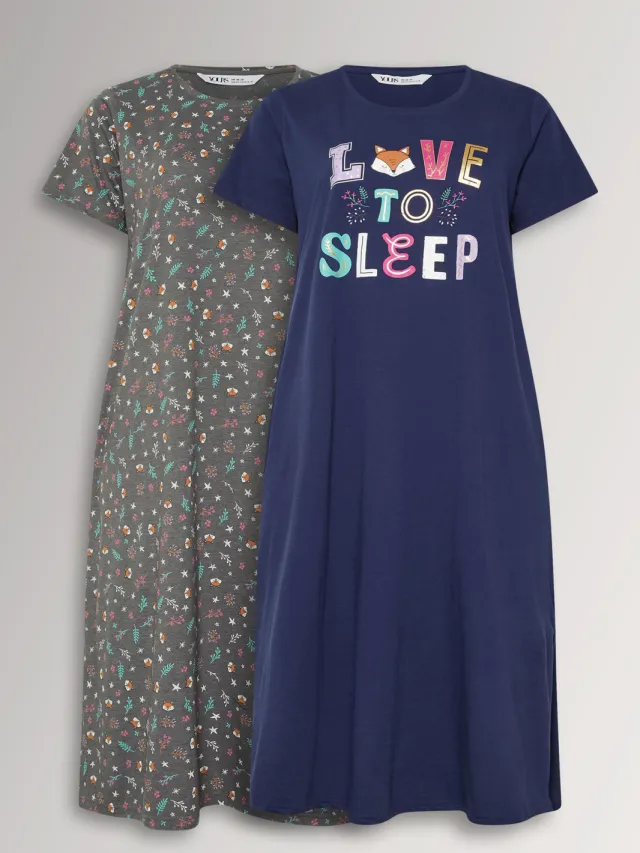Yours 2Pack Marineblauwe 'Love To Sleep' Midaxi Nachthemden-68, foto 2