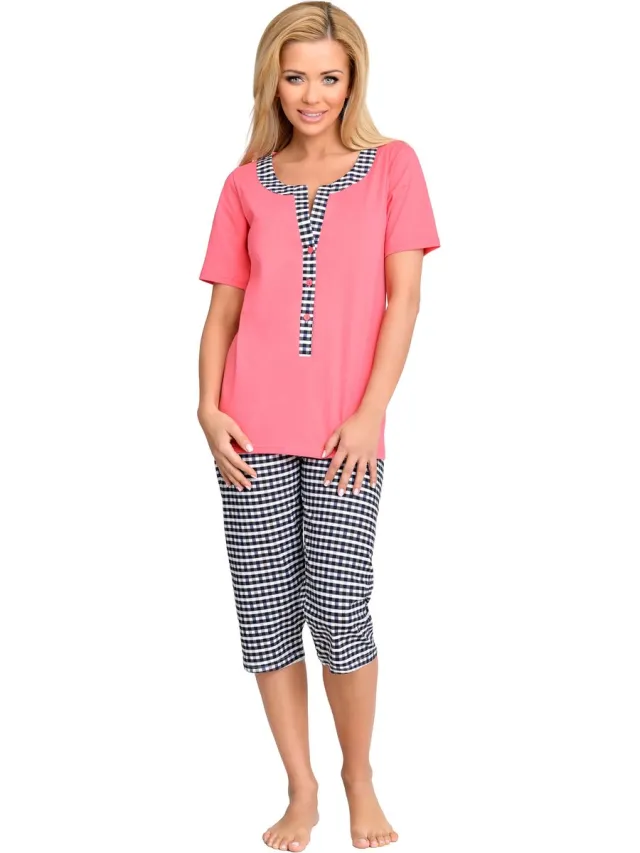 Be Mammy Dames Pyjama – Verpleegpyjama - Korte mouwen - Korte broek - Katoen – Koraal-1 – S – BE-TR-988