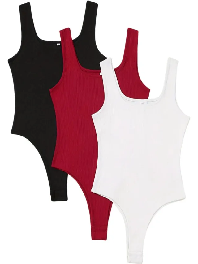 100 Bodysuit Dames - Jumpsuit - Corrigerend Ondergoed - Body plunge - Lingerie - Setje Vrouwen - 3 Pcs - Zwart/Wit/Rood