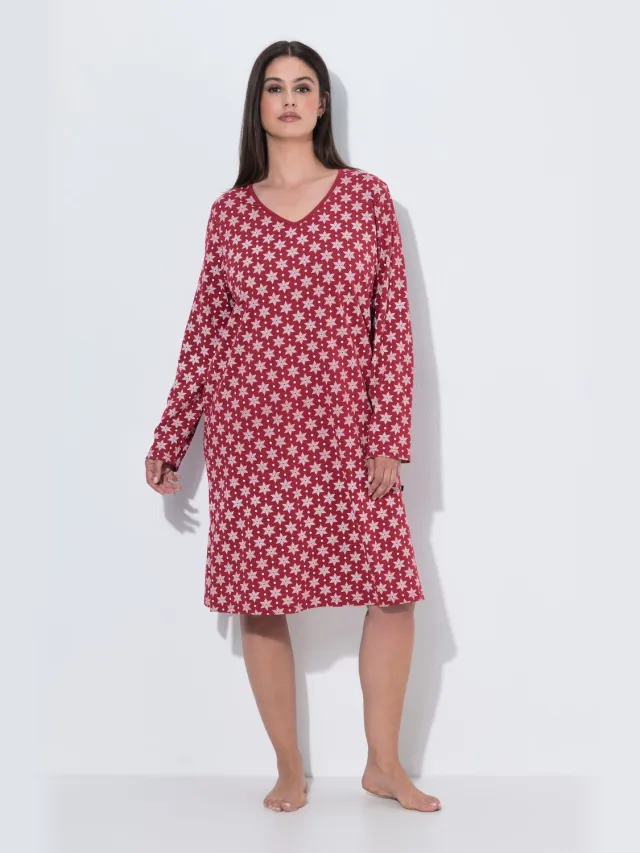 Ulla Popken Dames - Bigshirt sneeuwvlokken V-hals lange mouwen - Donkerrood - Maat 58+