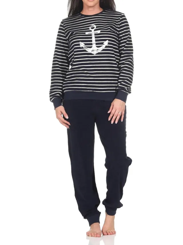 Normann badstof pyjama voor dames met maritieme look en ankermotief - ook in grote maten marine