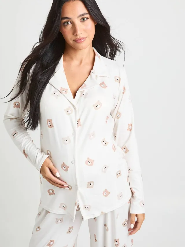 boohoo Dames Zwangerschaps-pyjama set met shirt en broek in berenprint Light Brown