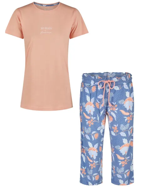 By Louise Dames capri pyjama set driekwart oranje/blauw gebloemd