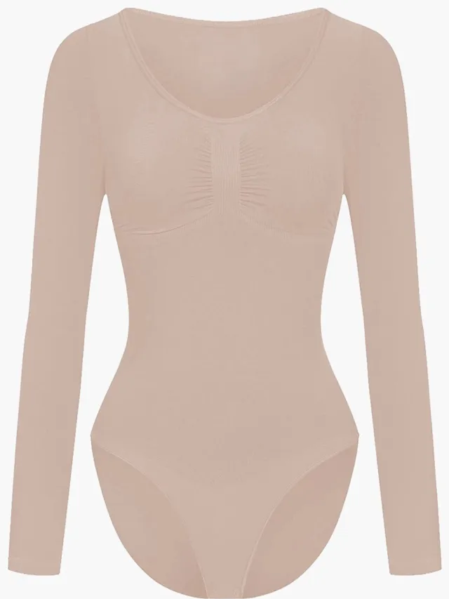 cfab Bodysuit met corrigerende werking, lange mouwen en bijpassend slipje - Beige