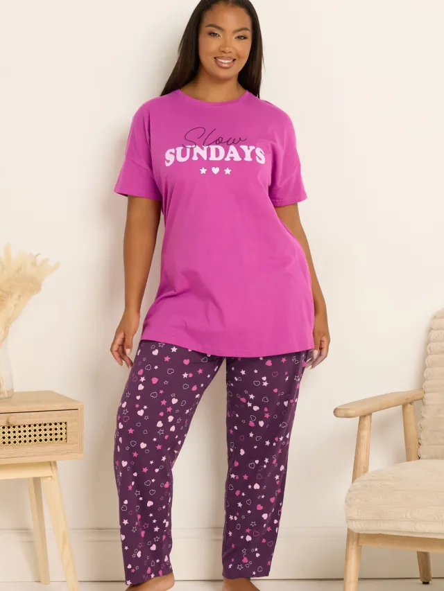 Yours Roze 'Slow Sundays' Hartvormige Wijde Pyjamaset-44 Pink