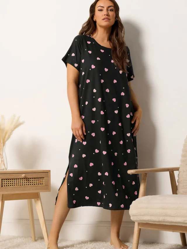 Yours Zwart Midaxi Nachthemd Met Hartje-56 Black