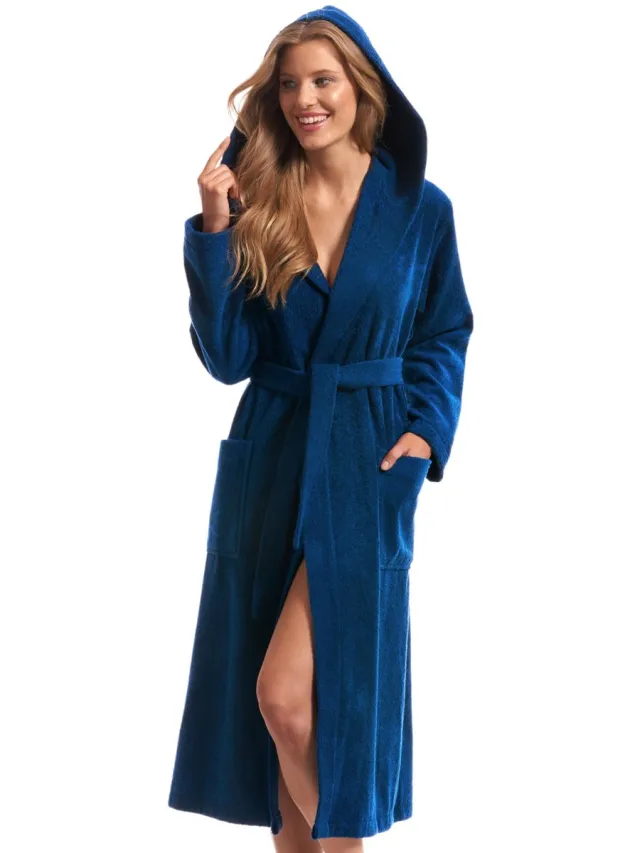 Ibenzoa Comfortabele wellness badjas dames van 100% katoenen badstof met capuchon en zakken donkerblauw