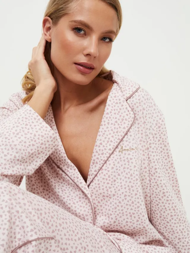 Aruelle Dames pyjama Lara-lange mouwen-katoen-modal mix-roze met hartjes