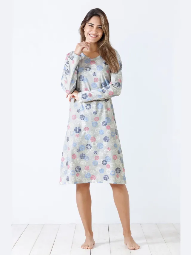 Hajo Dames nachthemd grafische cirkels Hajo - Grijs - Maat - 36/38