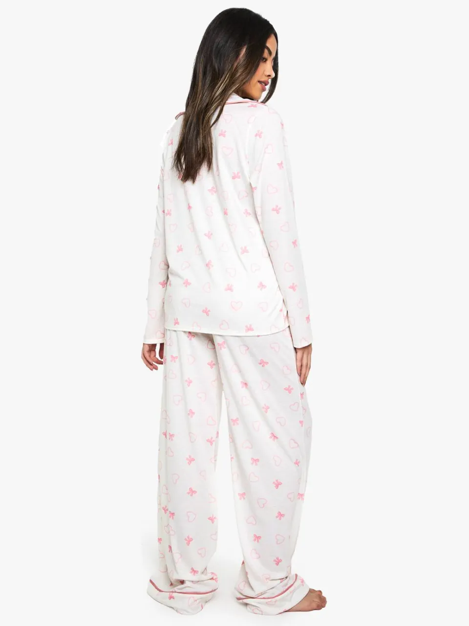boohoo Dames Bow Print Piping Detail Long Sleeve Shirt & Trousers Pyjama Set crème, foto 2