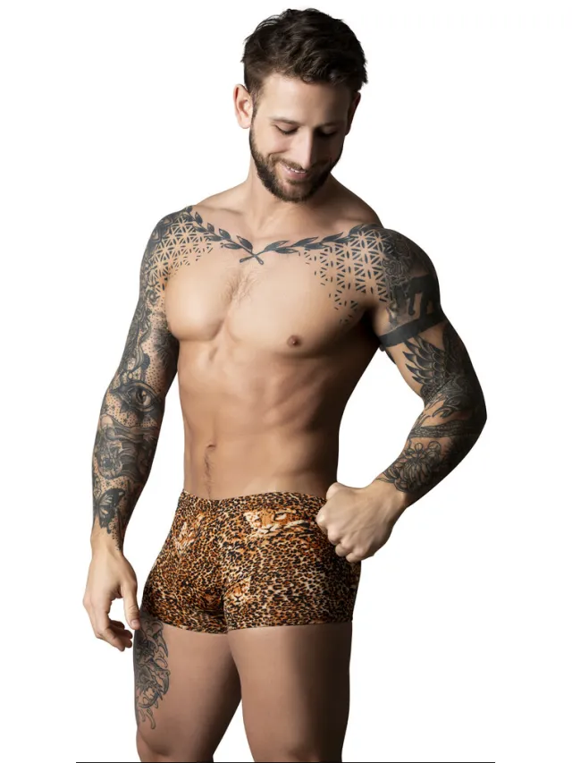 Male Power Pouch Short met Zwarte Cockring - L - Bruin Luipaard