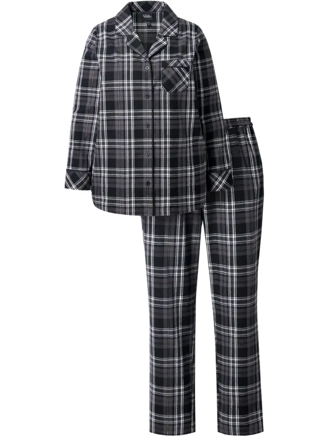 Ulla Popken Dames - Pyjama flanel ruit reverskraag lange mouwen - Zwart - Maat 42+