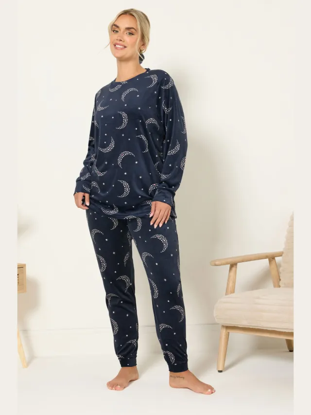 Yours Marineblauwe Maan & Ster Fleece Pyjama & Scrunchie Set-48, foto 2