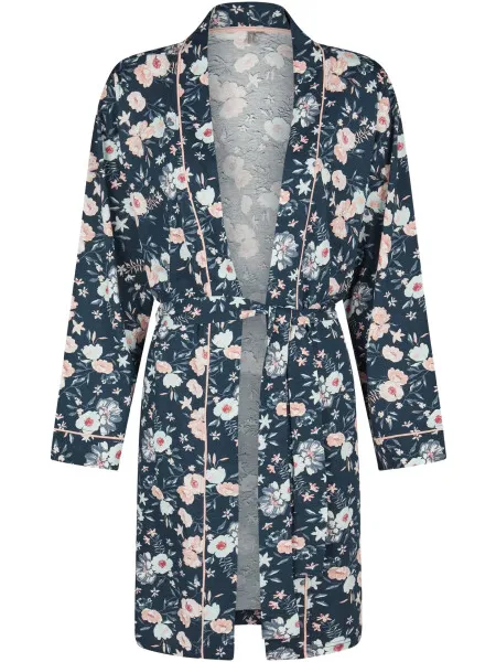 By Louise Dames kimono ochtendjas donkerblauw gebloemd Veelkleurig