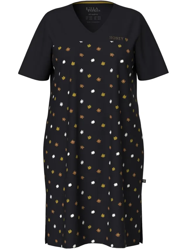 Ulla Popken Dames - Bigshirts bloemen borduursel V-hals korte mouw - Zwart - Maat 42+
