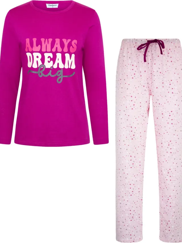 GAUBERT Essential Dames Pyjama Lange Mouw - Broek met Zakken - Premium Gekamd Katoen - Always Dream Big - Fuchsia - GB-2803 Lange Mouw Pyjama, Fuchsia, Always Dream Big