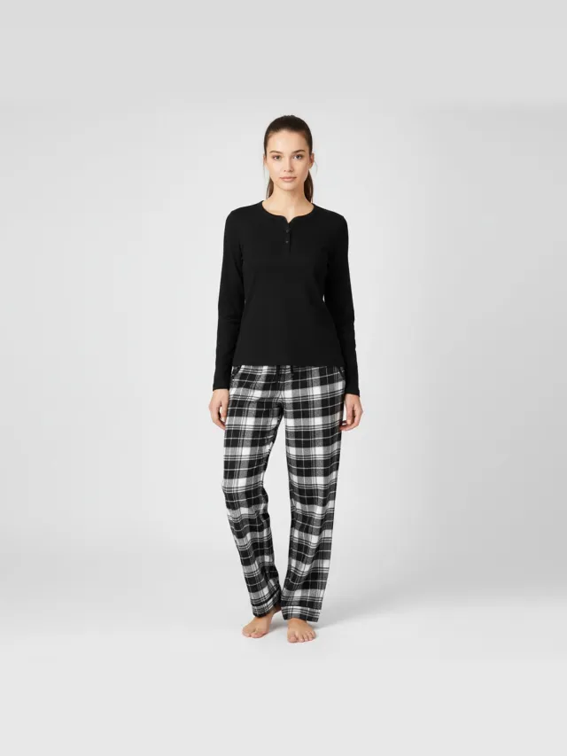 La-V pyjamaset voor dames met geruite flanel broek en V hals met knoopjes - Zwart