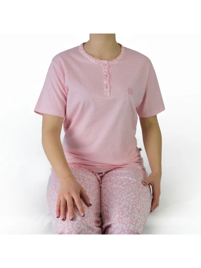 Tenderness Dames Pyjama - 3/4 Broek - Polo Sluiting - Rose Roze