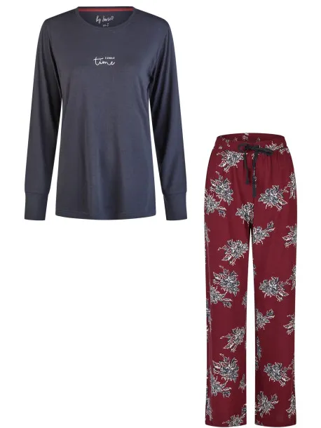 By Louise Dames pyjama set lang modal/bamboe viscose donkerblauw/bordeaux rood gebloemd, foto 2