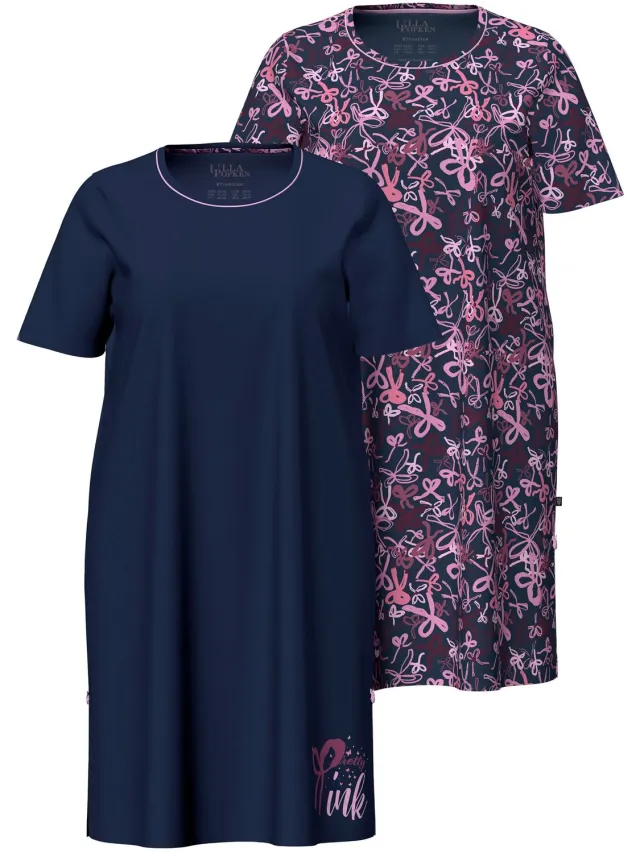 Ulla Popken Dames - Bigshirts set van 2 strikjes ronde hals korte mouwen - Nachtblauw - Maat 46+