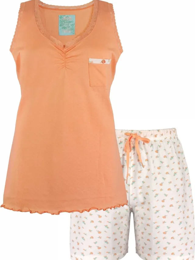Tenderness Dames Shortama - Pyjama Set - V Hals - Oranje Wit