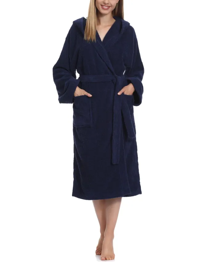 Ladeheid Dames Badjas met Capuchon - 100% Katoen - Wasmachine bestendig - Badstof - Donkerblauw - S - LA-LA40-193-DG