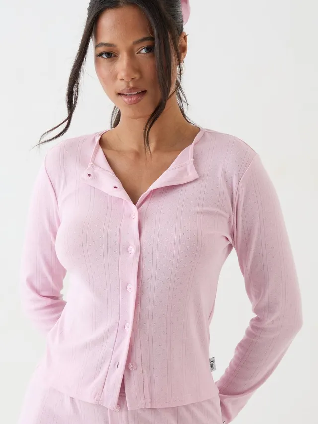 Dames Dsgn Studio Pointelle Top Met Knoopsluiting En Lange Mouwen lichtroze, foto 3