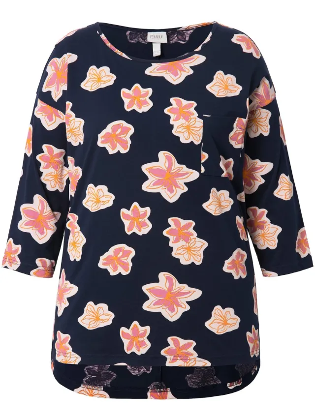 Ulla Popken Dames - Pyjamashirt oversized ronde hals 3/4-mouwen - Marine - Maat 42+