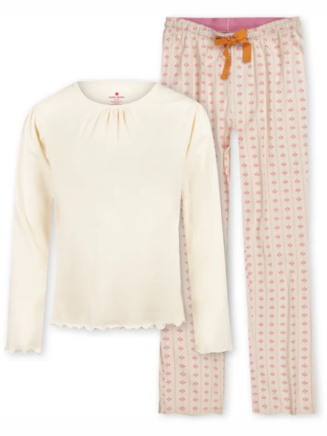 Little Label kate dames pyjama-set - wit bloemetjes verticaal- extra zachte bio-katoen Off White