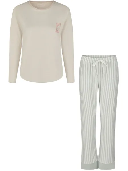 By Louise Dames pyjama set lang katoen beige/mintgroen gestreept, foto 2