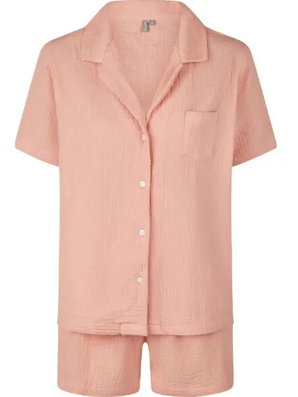 By Louise Dames korte pyjama set mousseline shortama Roze